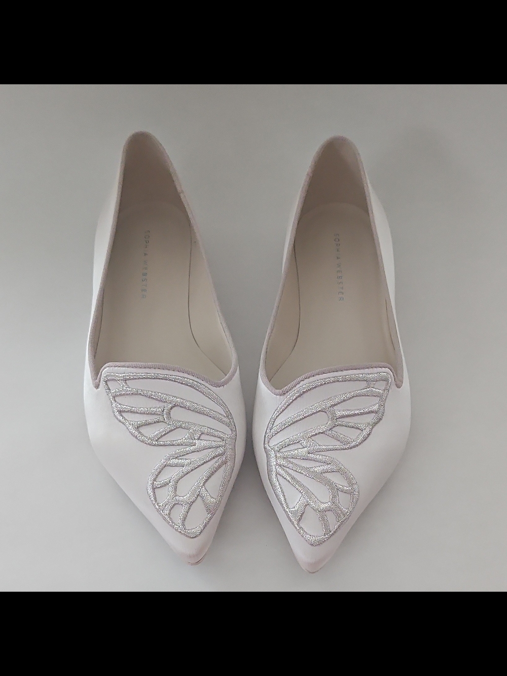 Sophia Webster Cream Silk Satin Pointed Toe Embroidered Butterfly Flats